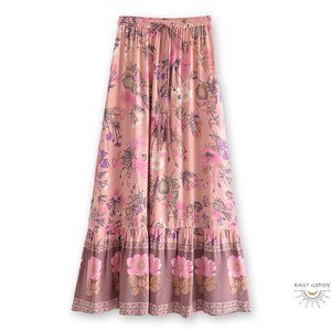 Rose Pink Floral Boho Maxi Skirt, Cotton Summer Beach Skirt, Festival Skirt